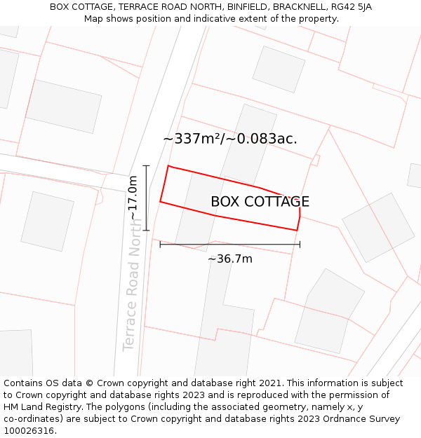 BOX COTTAGE, TERRACE ROAD NORTH, BINFIELD, BRACKNELL, RG42 5JA: Plot and title map