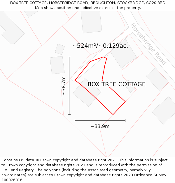 BOX TREE COTTAGE, HORSEBRIDGE ROAD, BROUGHTON, STOCKBRIDGE, SO20 8BD: Plot and title map