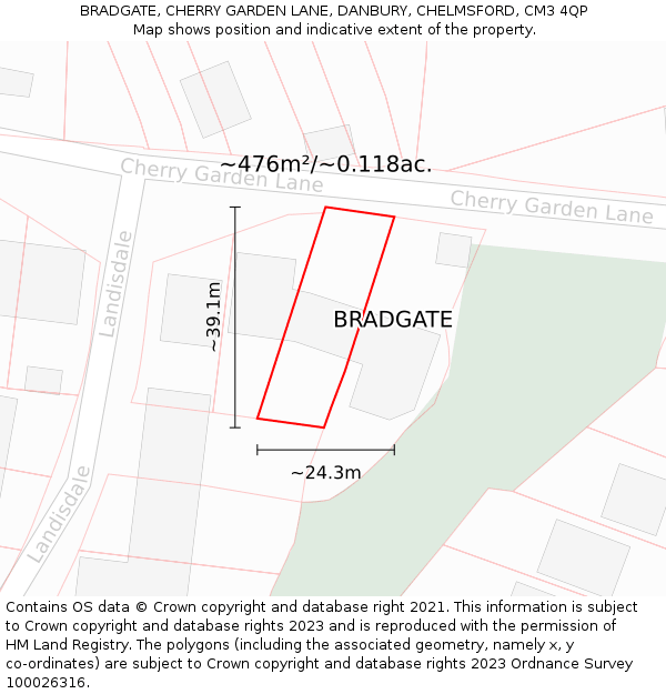 BRADGATE, CHERRY GARDEN LANE, DANBURY, CHELMSFORD, CM3 4QP: Plot and title map