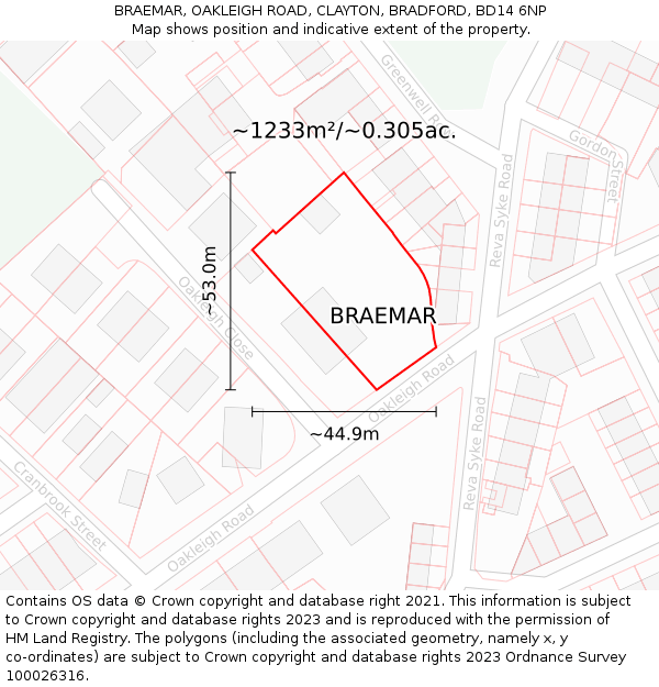 BRAEMAR, OAKLEIGH ROAD, CLAYTON, BRADFORD, BD14 6NP: Plot and title map