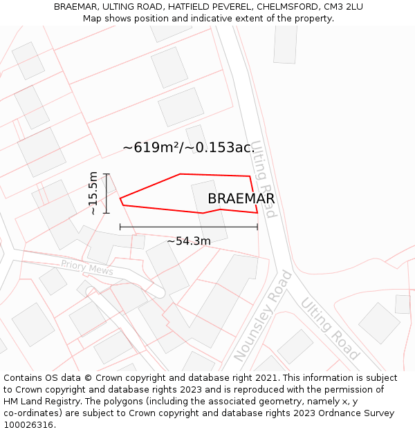 BRAEMAR, ULTING ROAD, HATFIELD PEVEREL, CHELMSFORD, CM3 2LU: Plot and title map