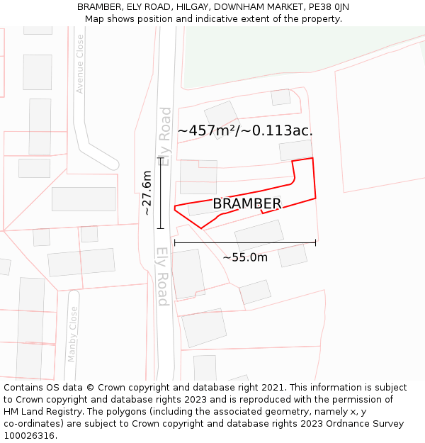 BRAMBER, ELY ROAD, HILGAY, DOWNHAM MARKET, PE38 0JN: Plot and title map