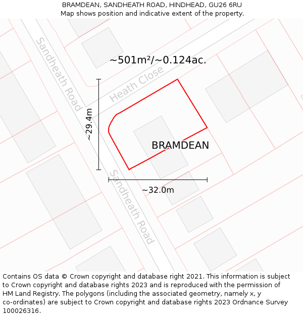 BRAMDEAN, SANDHEATH ROAD, HINDHEAD, GU26 6RU: Plot and title map