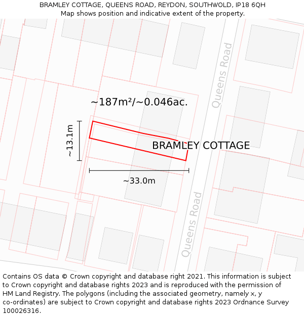 BRAMLEY COTTAGE, QUEENS ROAD, REYDON, SOUTHWOLD, IP18 6QH: Plot and title map