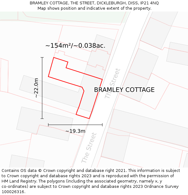 BRAMLEY COTTAGE, THE STREET, DICKLEBURGH, DISS, IP21 4NQ: Plot and title map