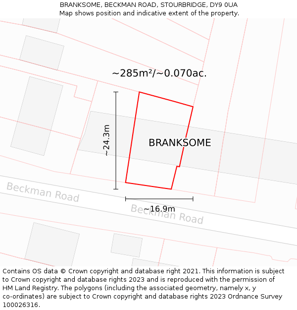 BRANKSOME, BECKMAN ROAD, STOURBRIDGE, DY9 0UA: Plot and title map