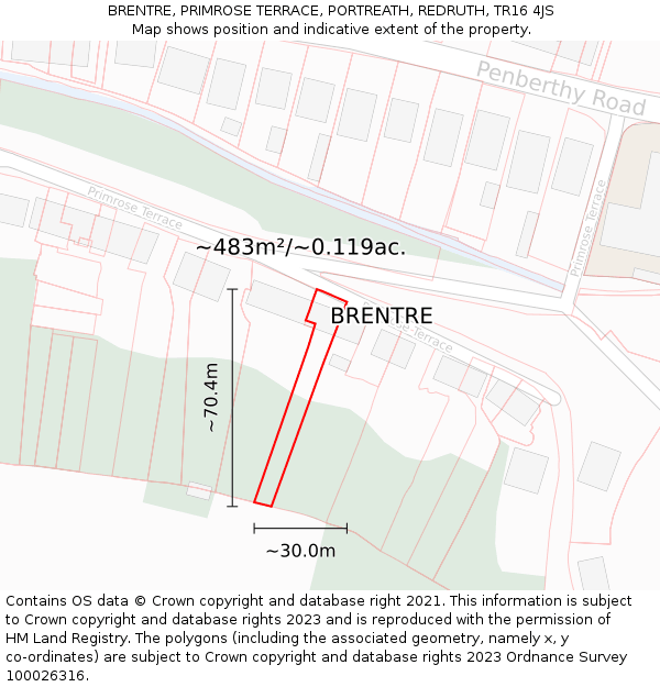 BRENTRE, PRIMROSE TERRACE, PORTREATH, REDRUTH, TR16 4JS: Plot and title map