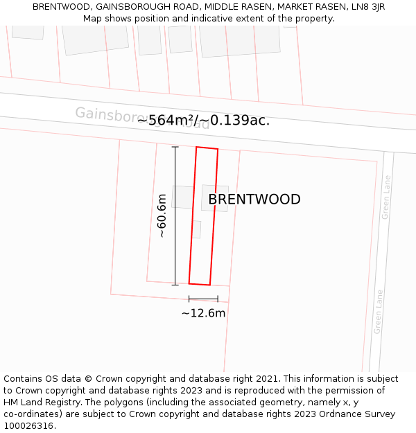 BRENTWOOD, GAINSBOROUGH ROAD, MIDDLE RASEN, MARKET RASEN, LN8 3JR: Plot and title map