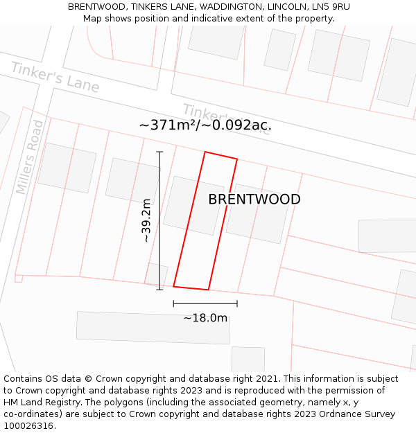 BRENTWOOD, TINKERS LANE, WADDINGTON, LINCOLN, LN5 9RU: Plot and title map