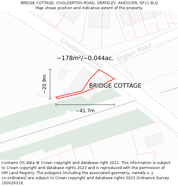 BRIDGE COTTAGE, CHOLDERTON ROAD, GRATELEY, ANDOVER, SP11 8LQ: Plot and title map