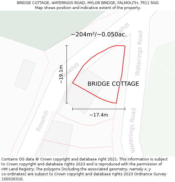 BRIDGE COTTAGE, WATERINGS ROAD, MYLOR BRIDGE, FALMOUTH, TR11 5NG: Plot and title map