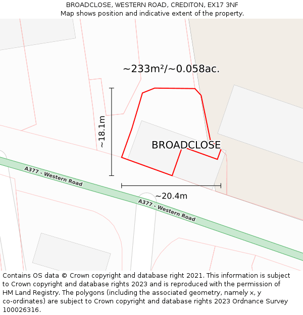 BROADCLOSE, WESTERN ROAD, CREDITON, EX17 3NF: Plot and title map