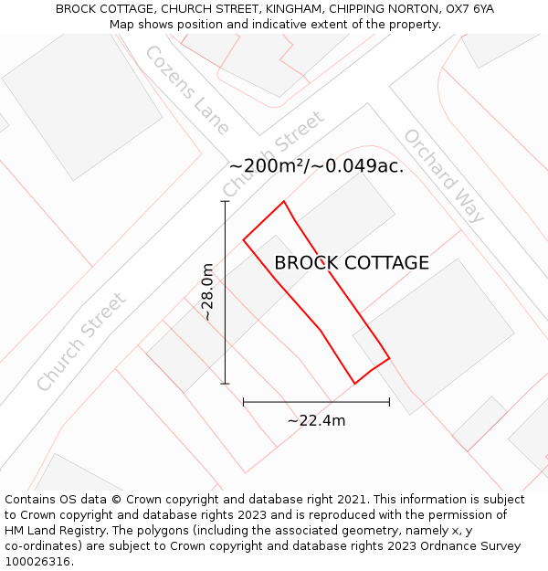 BROCK COTTAGE, CHURCH STREET, KINGHAM, CHIPPING NORTON, OX7 6YA: Plot and title map