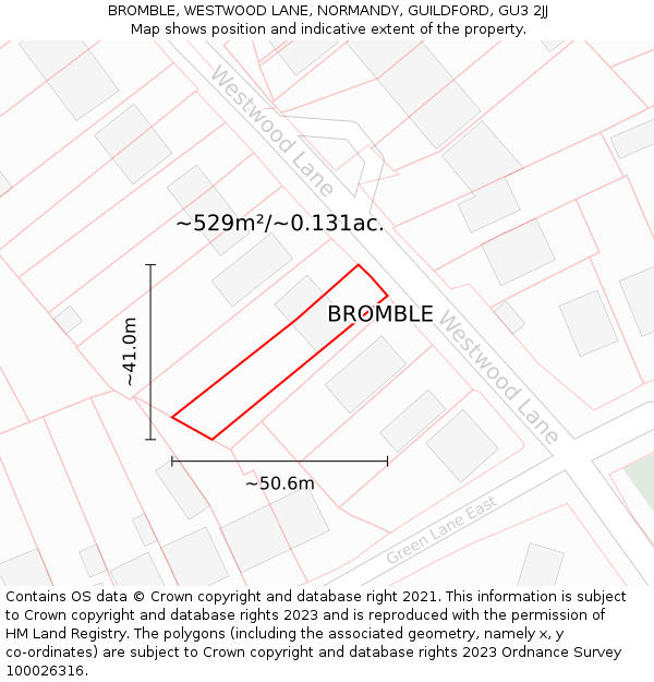 BROMBLE, WESTWOOD LANE, NORMANDY, GUILDFORD, GU3 2JJ: Plot and title map