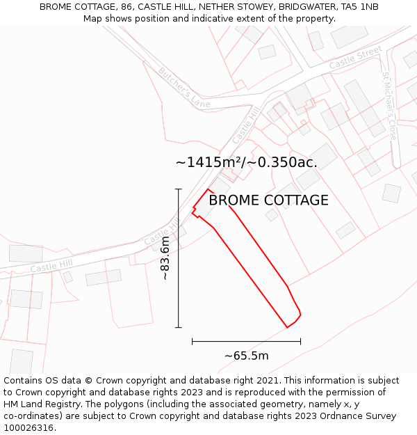 BROME COTTAGE, 86, CASTLE HILL, NETHER STOWEY, BRIDGWATER, TA5 1NB: Plot and title map