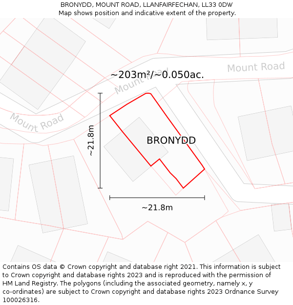 BRONYDD, MOUNT ROAD, LLANFAIRFECHAN, LL33 0DW: Plot and title map