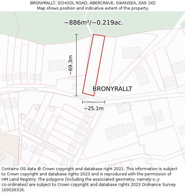 BRONYRALLT, SCHOOL ROAD, ABERCRAVE, SWANSEA, SA9 1XD: Plot and title map