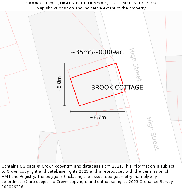 BROOK COTTAGE, HIGH STREET, HEMYOCK, CULLOMPTON, EX15 3RG: Plot and title map