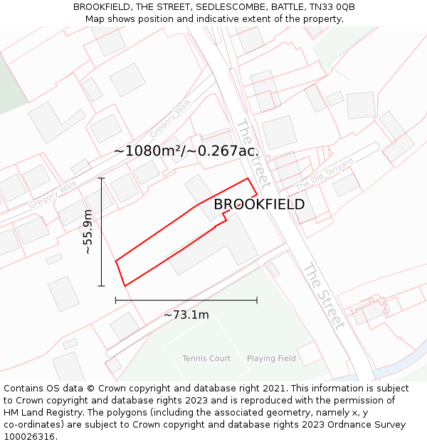 BROOKFIELD, THE STREET, SEDLESCOMBE, BATTLE, TN33 0QB: Plot and title map