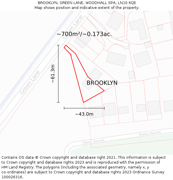 BROOKLYN, GREEN LANE, WOODHALL SPA, LN10 6QE: Plot and title map