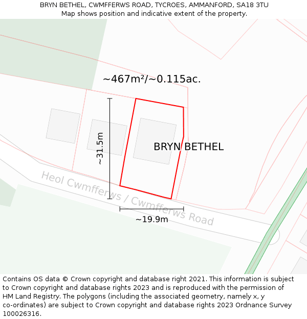 BRYN BETHEL, CWMFFERWS ROAD, TYCROES, AMMANFORD, SA18 3TU: Plot and title map