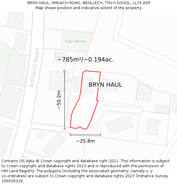 BRYN HAUL, AMLWCH ROAD, BENLLECH, TYN-Y-GONGL, LL74 8SR: Plot and title map