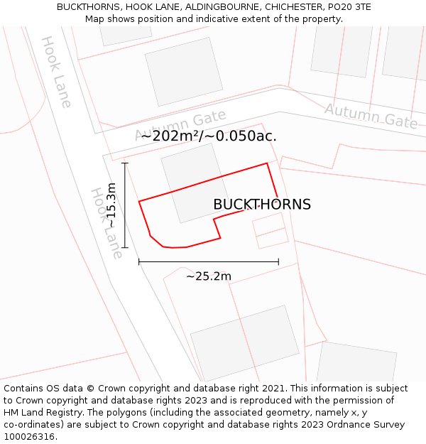 BUCKTHORNS, HOOK LANE, ALDINGBOURNE, CHICHESTER, PO20 3TE: Plot and title map