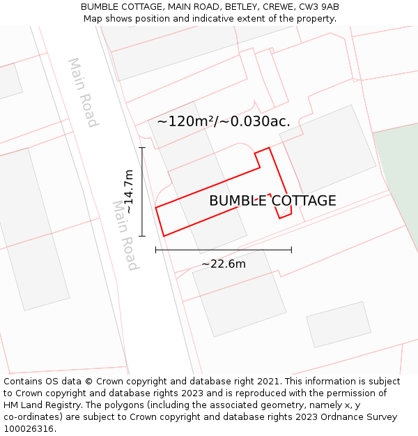 BUMBLE COTTAGE, MAIN ROAD, BETLEY, CREWE, CW3 9AB: Plot and title map