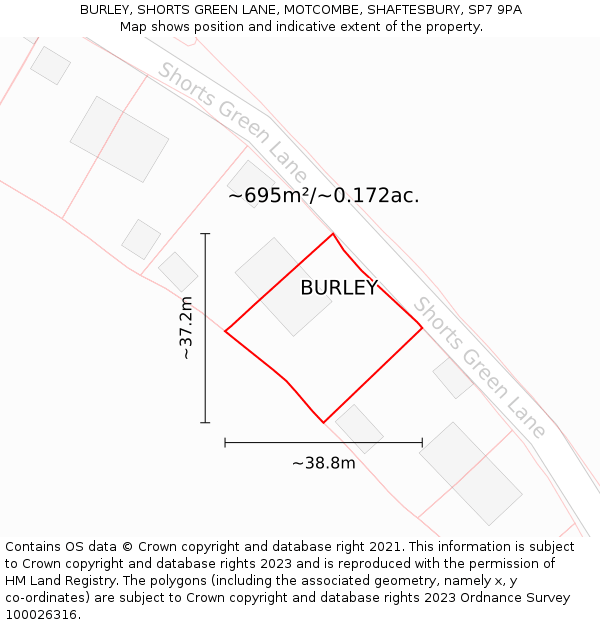 BURLEY, SHORTS GREEN LANE, MOTCOMBE, SHAFTESBURY, SP7 9PA: Plot and title map