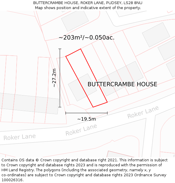 BUTTERCRAMBE HOUSE, ROKER LANE, PUDSEY, LS28 8NU: Plot and title map