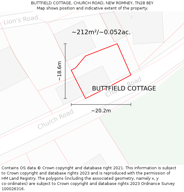 BUTTFIELD COTTAGE, CHURCH ROAD, NEW ROMNEY, TN28 8EY: Plot and title map