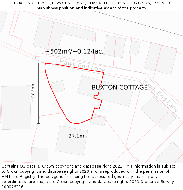 BUXTON COTTAGE, HAWK END LANE, ELMSWELL, BURY ST. EDMUNDS, IP30 9ED: Plot and title map