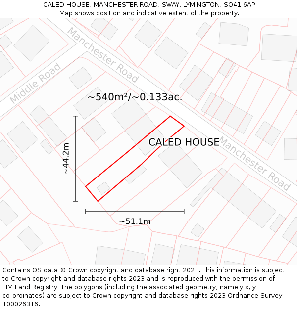 CALED HOUSE, MANCHESTER ROAD, SWAY, LYMINGTON, SO41 6AP: Plot and title map