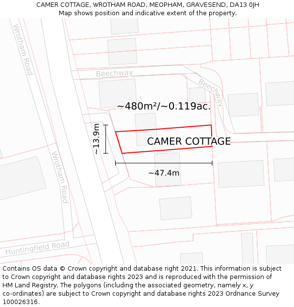 CAMER COTTAGE, WROTHAM ROAD, MEOPHAM, GRAVESEND, DA13 0JH: Plot and title map