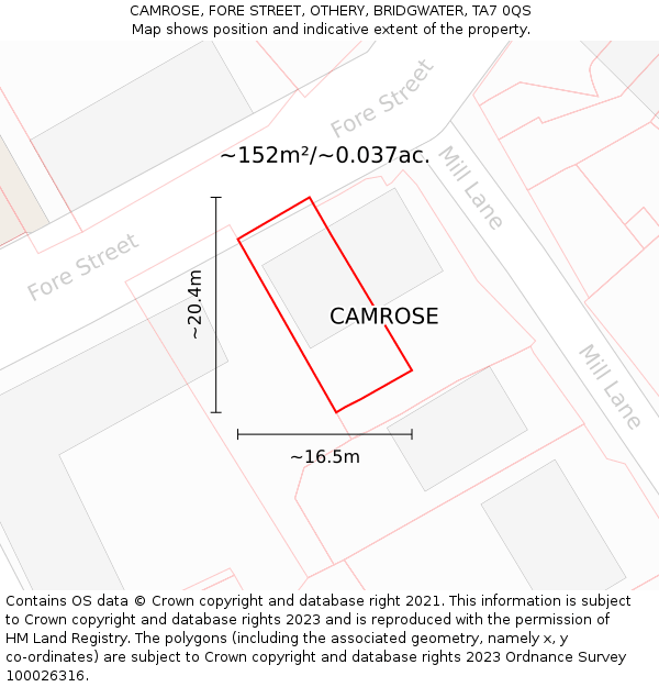 CAMROSE, FORE STREET, OTHERY, BRIDGWATER, TA7 0QS: Plot and title map