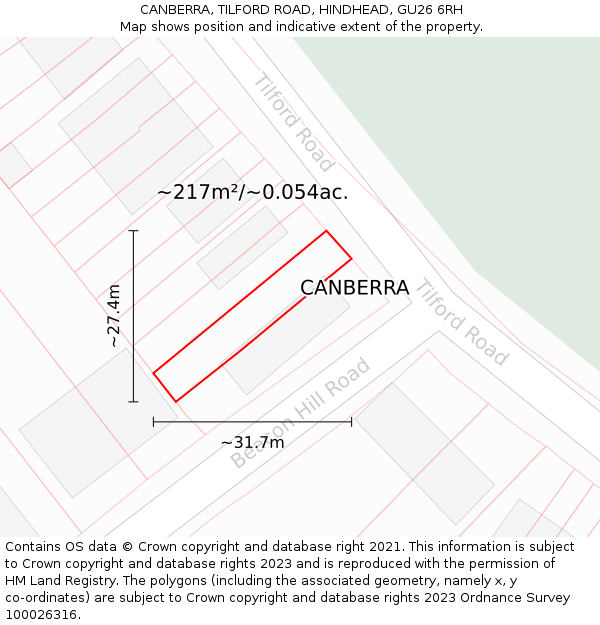 CANBERRA, TILFORD ROAD, HINDHEAD, GU26 6RH: Plot and title map