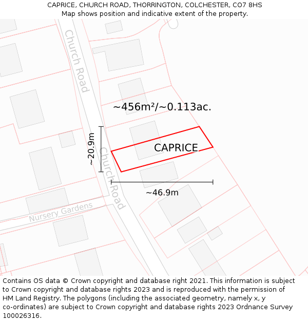 CAPRICE, CHURCH ROAD, THORRINGTON, COLCHESTER, CO7 8HS: Plot and title map