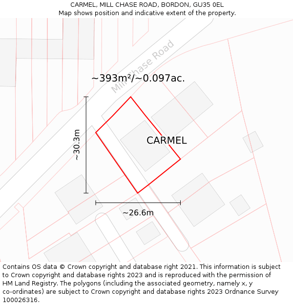 CARMEL, MILL CHASE ROAD, BORDON, GU35 0EL: Plot and title map