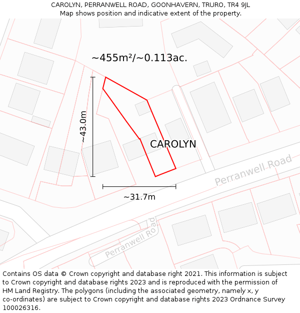 CAROLYN, PERRANWELL ROAD, GOONHAVERN, TRURO, TR4 9JL: Plot and title map