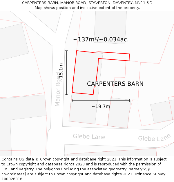 CARPENTERS BARN, MANOR ROAD, STAVERTON, DAVENTRY, NN11 6JD: Plot and title map