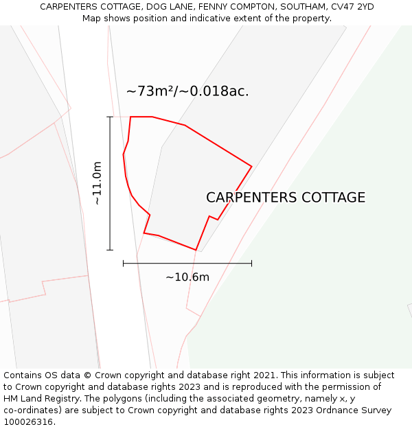 CARPENTERS COTTAGE, DOG LANE, FENNY COMPTON, SOUTHAM, CV47 2YD: Plot and title map