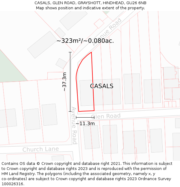 CASALS, GLEN ROAD, GRAYSHOTT, HINDHEAD, GU26 6NB: Plot and title map