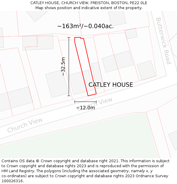 CATLEY HOUSE, CHURCH VIEW, FREISTON, BOSTON, PE22 0LE: Plot and title map