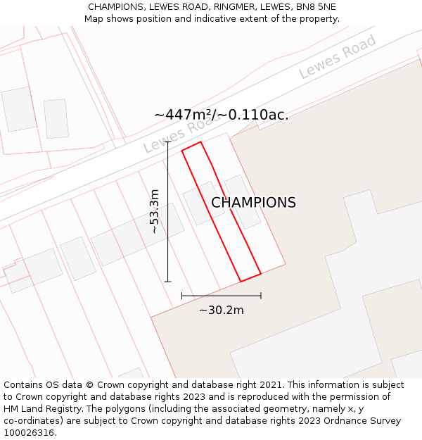 CHAMPIONS, LEWES ROAD, RINGMER, LEWES, BN8 5NE: Plot and title map