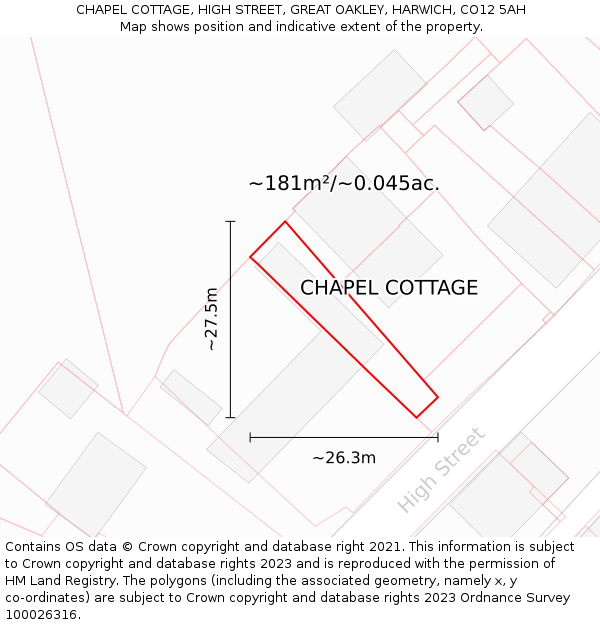 CHAPEL COTTAGE, HIGH STREET, GREAT OAKLEY, HARWICH, CO12 5AH: Plot and title map