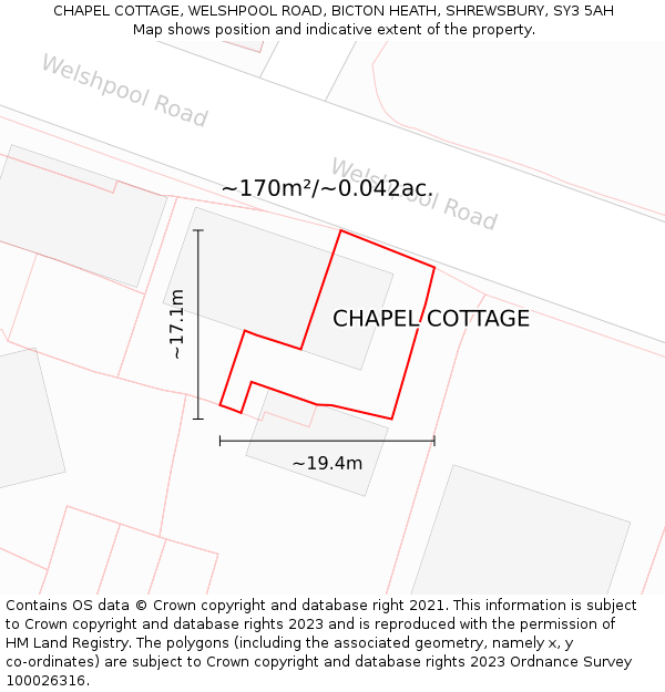 CHAPEL COTTAGE, WELSHPOOL ROAD, BICTON HEATH, SHREWSBURY, SY3 5AH: Plot and title map