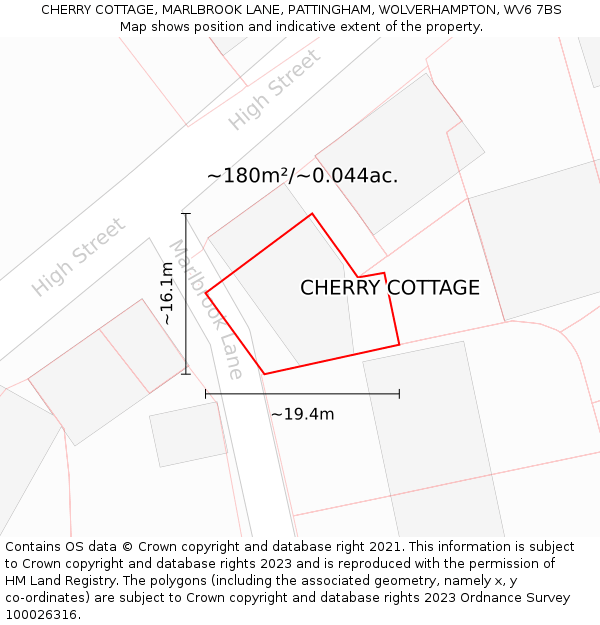 CHERRY COTTAGE, MARLBROOK LANE, PATTINGHAM, WOLVERHAMPTON, WV6 7BS: Plot and title map