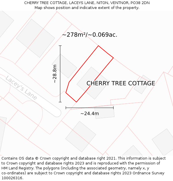 CHERRY TREE COTTAGE, LACEYS LANE, NITON, VENTNOR, PO38 2DN: Plot and title map