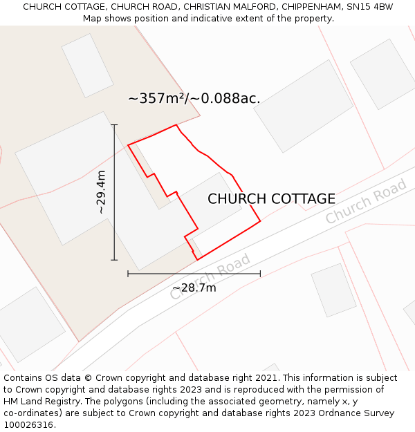 CHURCH COTTAGE, CHURCH ROAD, CHRISTIAN MALFORD, CHIPPENHAM, SN15 4BW: Plot and title map