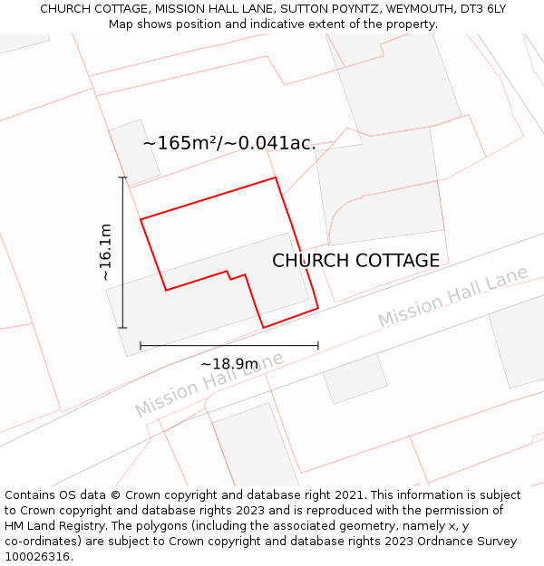 CHURCH COTTAGE, MISSION HALL LANE, SUTTON POYNTZ, WEYMOUTH, DT3 6LY: Plot and title map